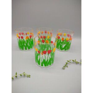 Vintage Lot of 4 Colorful Tulip Bulbs 3.75" Low Ball Rocks Glasses 16 oz Plastic